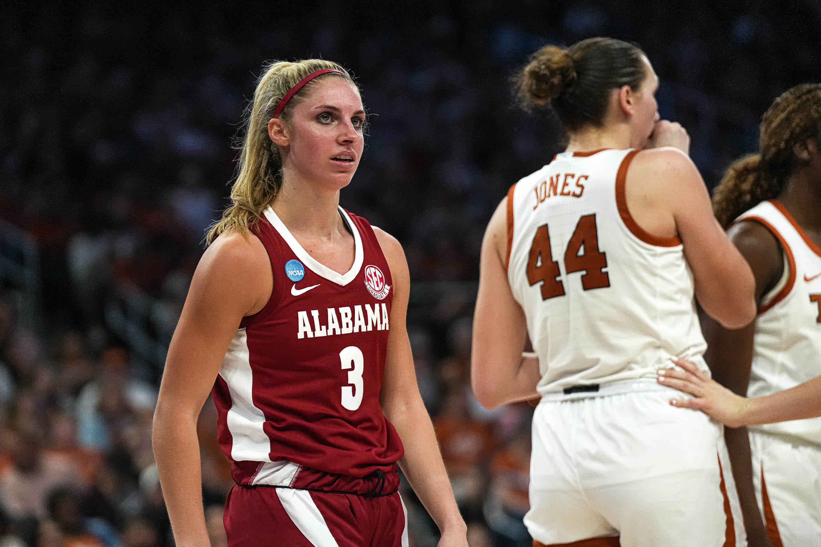 Alabama guard Sarah Barker (3) looks to the sideline during the NCAA playoff game against the Texas Longhorns at the Moody Center on Sunday, Mar. 23, 2024 in Austin.